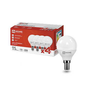 Лампа светодиодная LED-ШАР-VC 4PACK 11Вт 230В Е14 4000К 1050Лм (4шт./упак) IN HOME в Иркутске