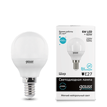 Лампа светодиодная LED-ШАР 6Вт E14 4100K 450Лм Elementary GAUSS в Иркутске