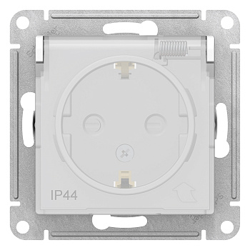 Розетка одинарная AtlasDesign AQUA IP44 SE с заземлением со шторками с крышкой белая в Иркутске