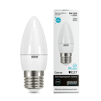 Лампа светодиодная LED-СВЕЧА 6Вт E27 4100K 450Лм Elementary GAUSS в Иркутске