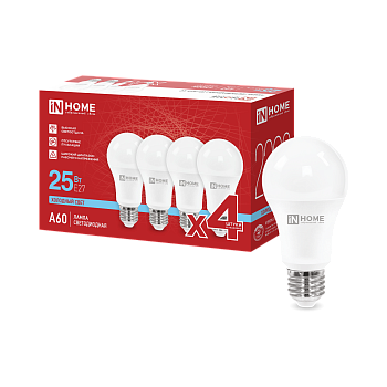 Лампа светодиодная LED-A60-VC 4PACK 25Вт 230В Е27 6500К 2380Лм (4шт./упак) IN HOME в Иркутске