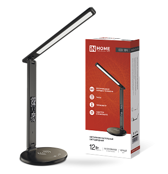 Светильник настольный светодиодный PLUS ССО-18Ч 12Вт 3000-6500К 600Лм сенсор, с беспроводной зарядкой, часы, температура, с адаптером ЧЕРНЫЙ IN HOME в Иркутске