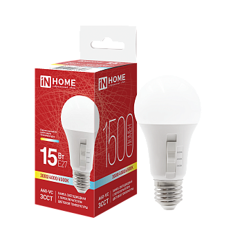 Лампа светодиодная LED-A60-VC 15Вт 230В Е27 1500Лм 3ССТ 3000/4000/6500К с переключателем на лампе IN HOME в Иркутске