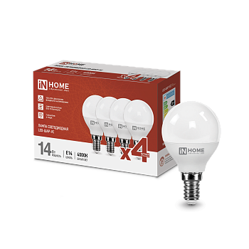 Лампа светодиодная LED-ШАР-VC 4PACK 14Вт 230В Е14 4000К 1330Лм (4шт./упак) IN HOME в Иркутске