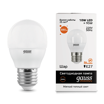 Лампа светодиодная LED-ШАР 10Вт E27 3000K 880Лм Elementary GAUSS в Иркутске
