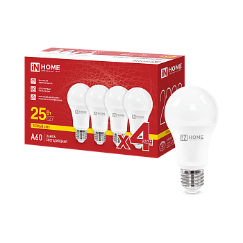Лампа светодиодная LED-A60-VC 4PACK 25Вт 230В Е27 3000К 2380Лм (4шт./упак) IN HOME в Иркутске