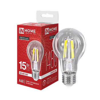 Лампа светодиодная LED-A60-deco 15Вт 230В Е27 4000К 1480Лм прозрачная IN HOME в Иркутске